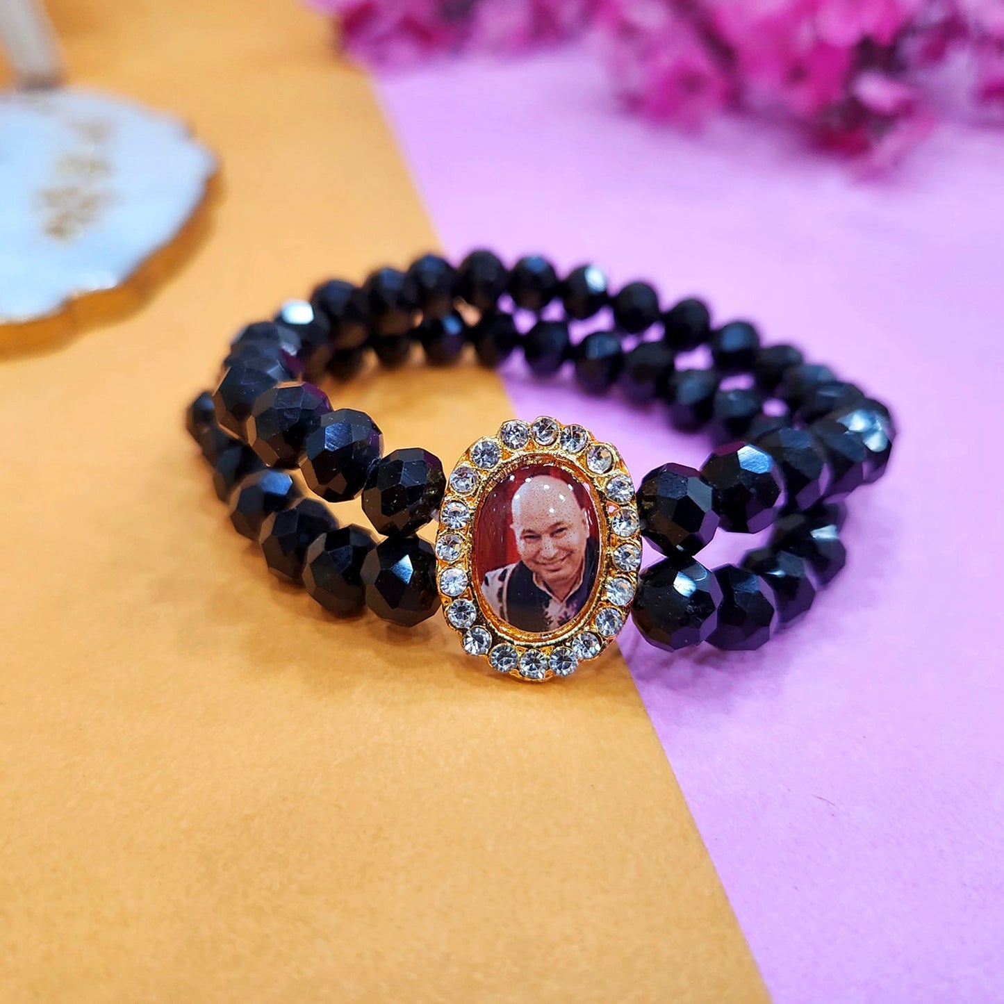 Black Round Pearl Bracelet with Jai Guruji Swaroop