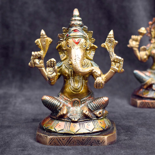 5.1 Inch Antique Finish Lakshmi Ganesh Idol in Brass