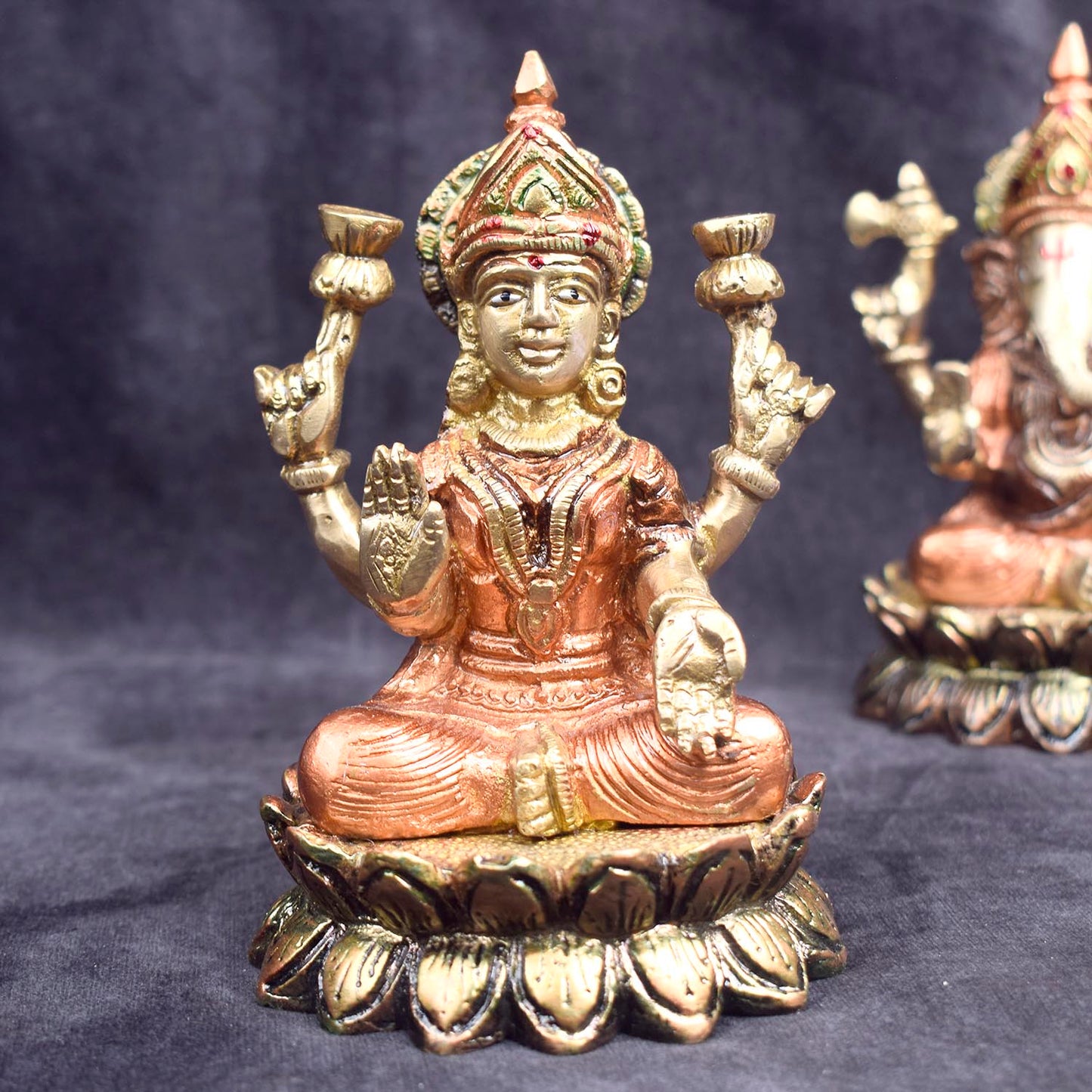 5.6 Inch Graceful Brass Lakshmi Ganesh Statue