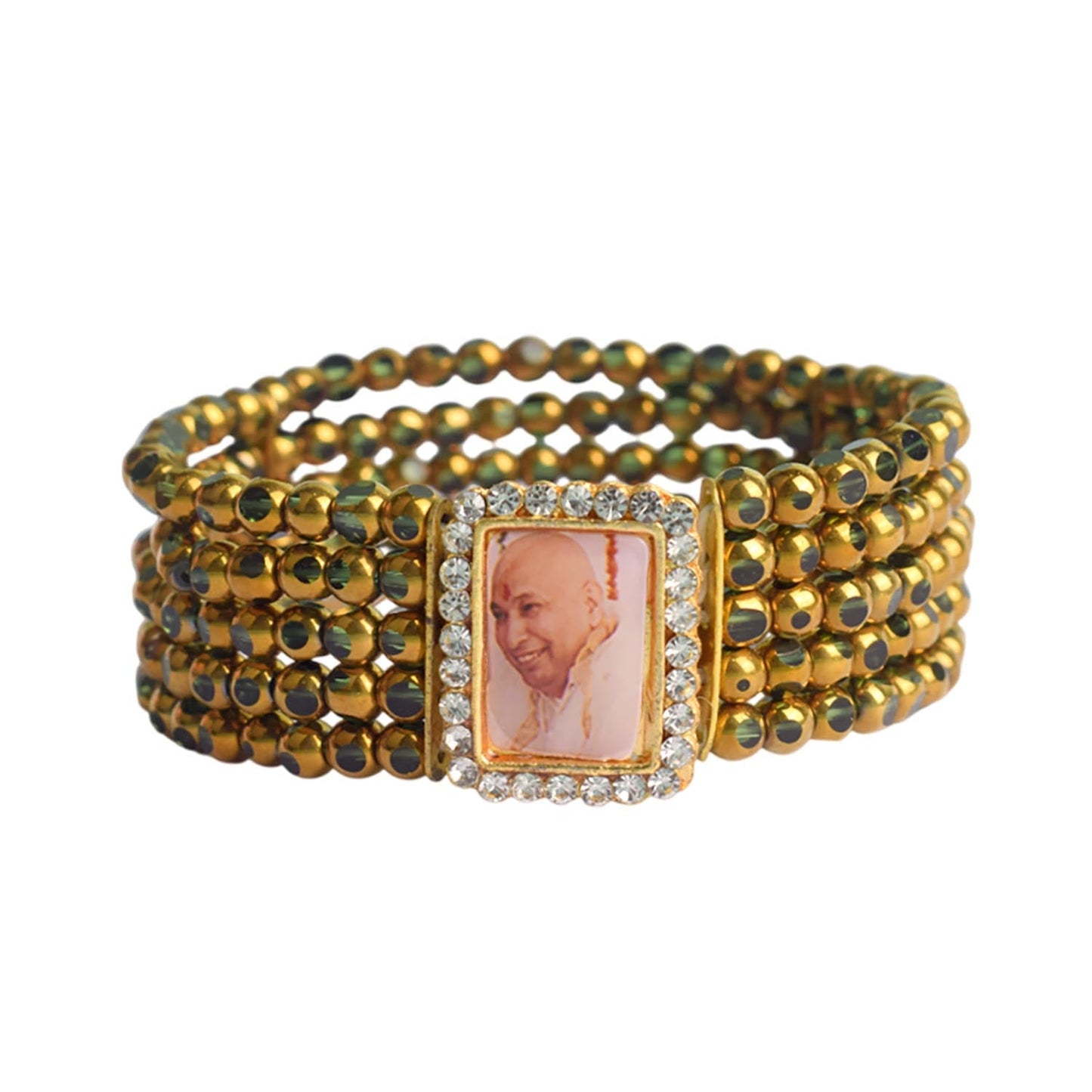 Five Layered Green & Golden Beads Guruji Swaroop Bracelet