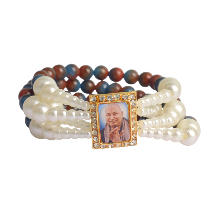 Red & Blue Marble with White Pearl Four Layer Guruji Swaroop Bracelet