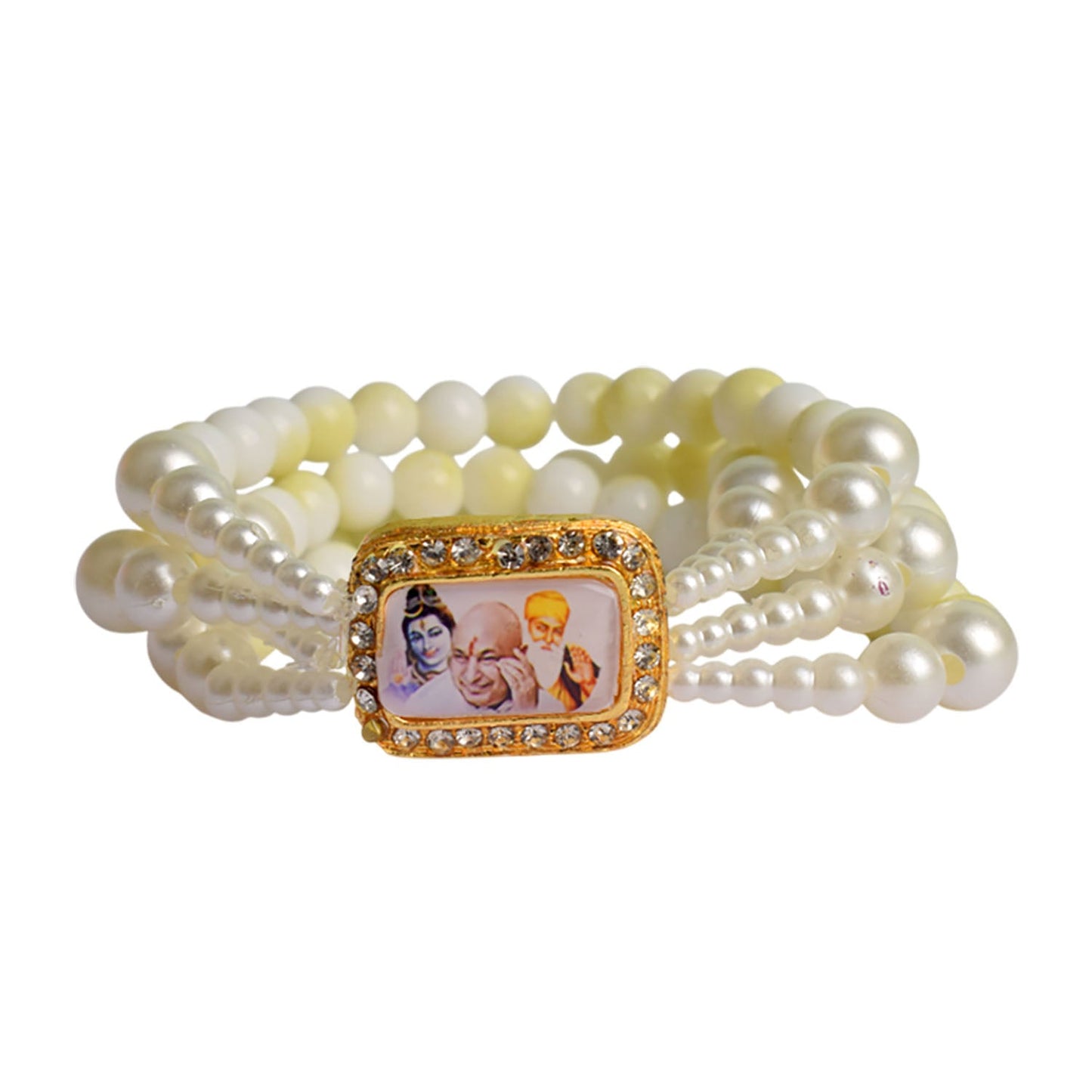 Yellow & White Marble with White Pearl Four Layer Guruji Swaroop Bracelet