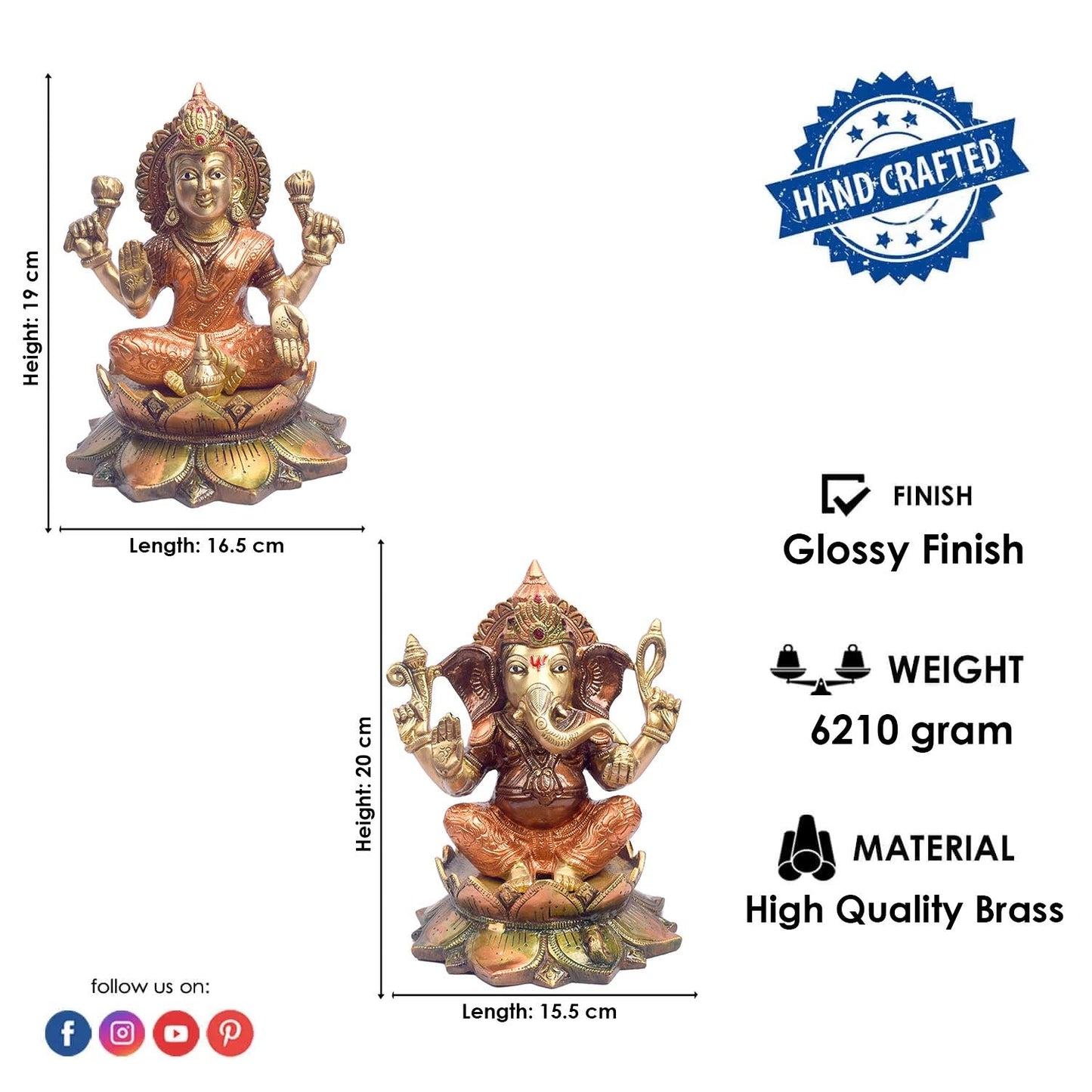 7.5 Inch Auspicious Lakshmi Ganesha Statue in Brass