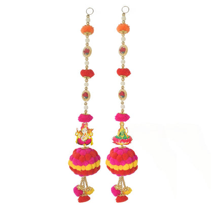Colorful Pom Pom Wall Hanging with Ganesha & Lakshmi – Pair Decor