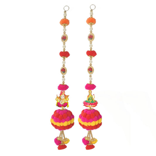 Colorful Pom Pom Wall Hanging with Ganesha & Lakshmi – Pair Decor