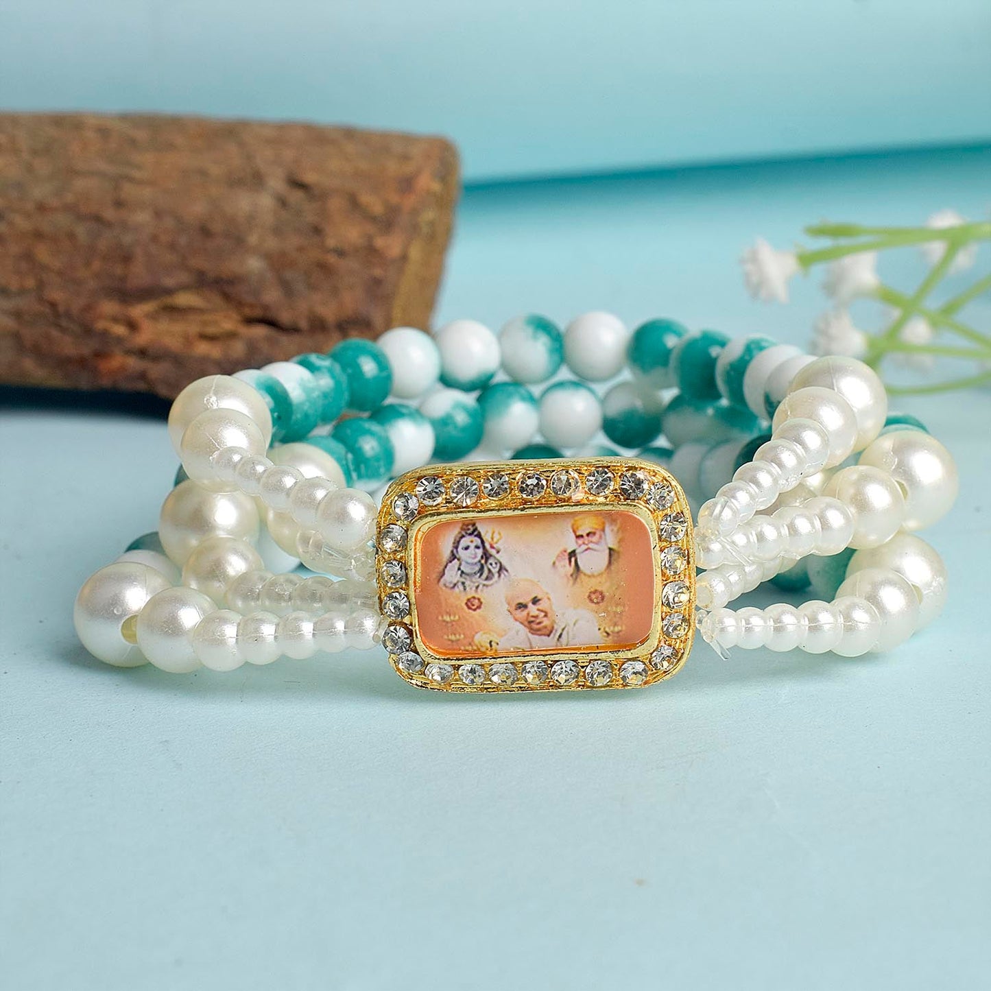 Bluish Green & White Marble Four Layer Guruji Swaroop Bracelet