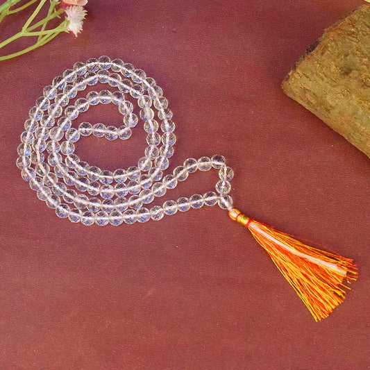 6.5mm Sphatik Diamond Cut Clear Quartz Crystal 108 Beads Jaap Mala