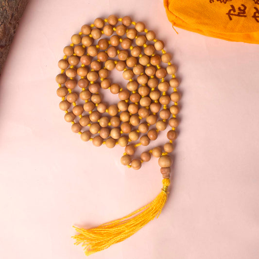Certified 8-9mm 100% Original Authentic Mysore White Sandalwood (Chandan) yellow thread Jap Mala