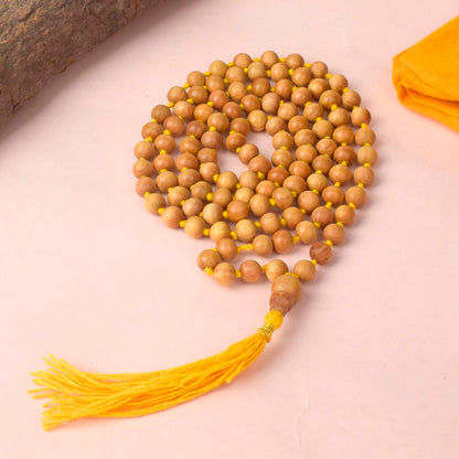 Certified 8-9mm 100% Original Authentic Mysore White Sandalwood (Chandan) yellow thread Jap Mala