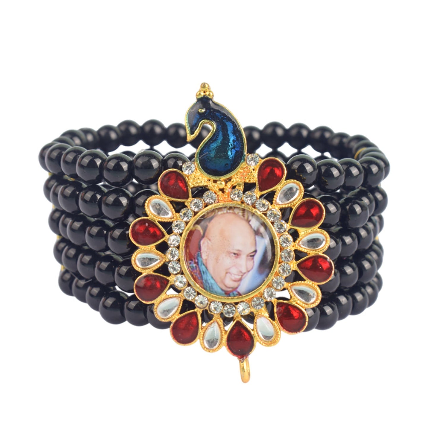 Black Beads Five Layer Guruji Swaroop Bracelet with Peacock Pendant