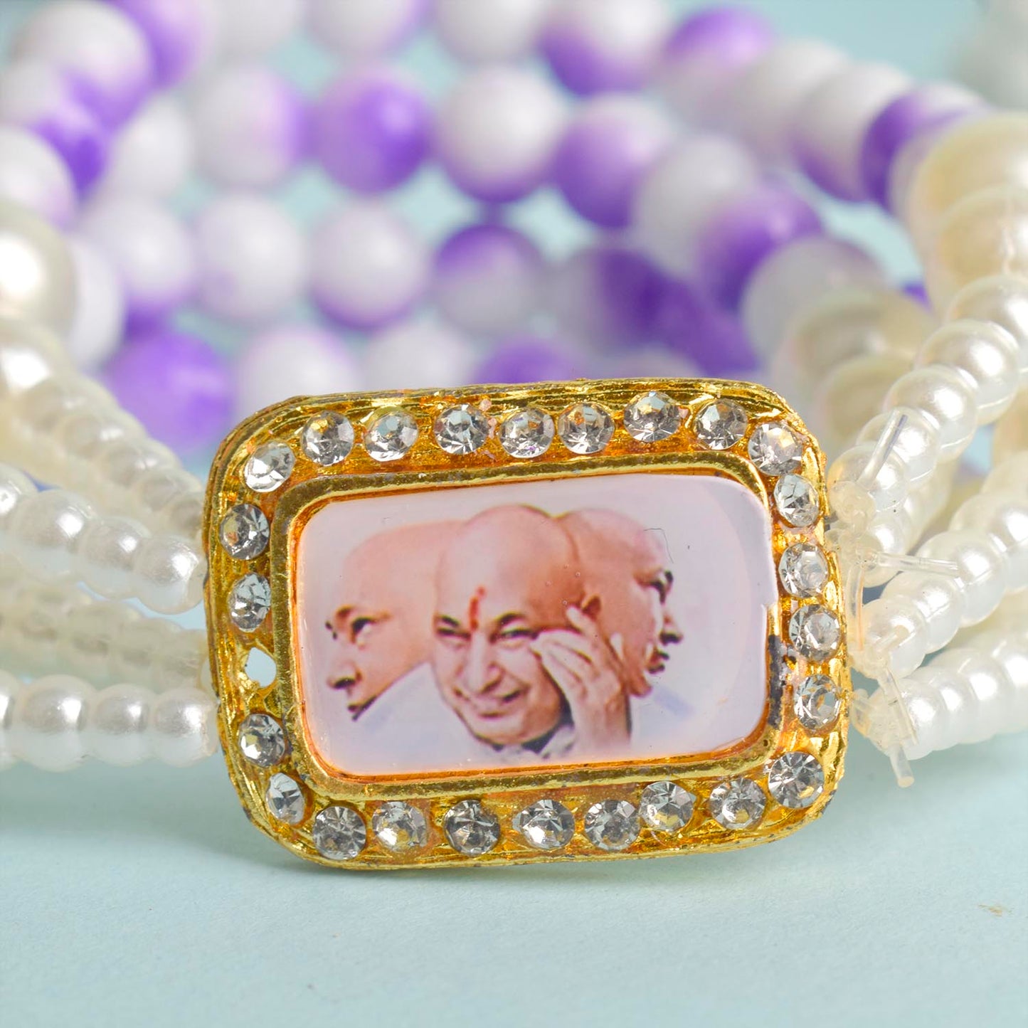 White & Lilac with White Pearl Four Layer Guruji Swaroop Bracelet