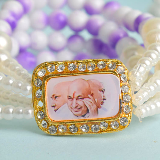 White & Lilac with White Pearl Four Layer Guruji Swaroop Bracelet