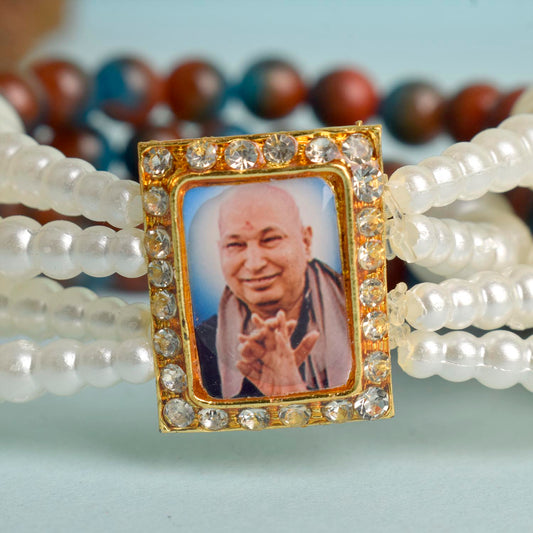 Red & Blue Marble with White Pearl Four Layer Guruji Swaroop Bracelet