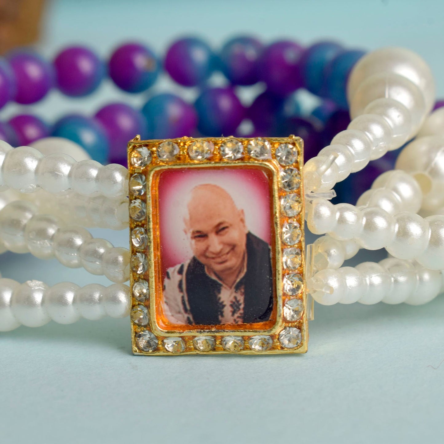Purple & Blue with White Pearl Four Layer Guruji Swaroop Bracelet