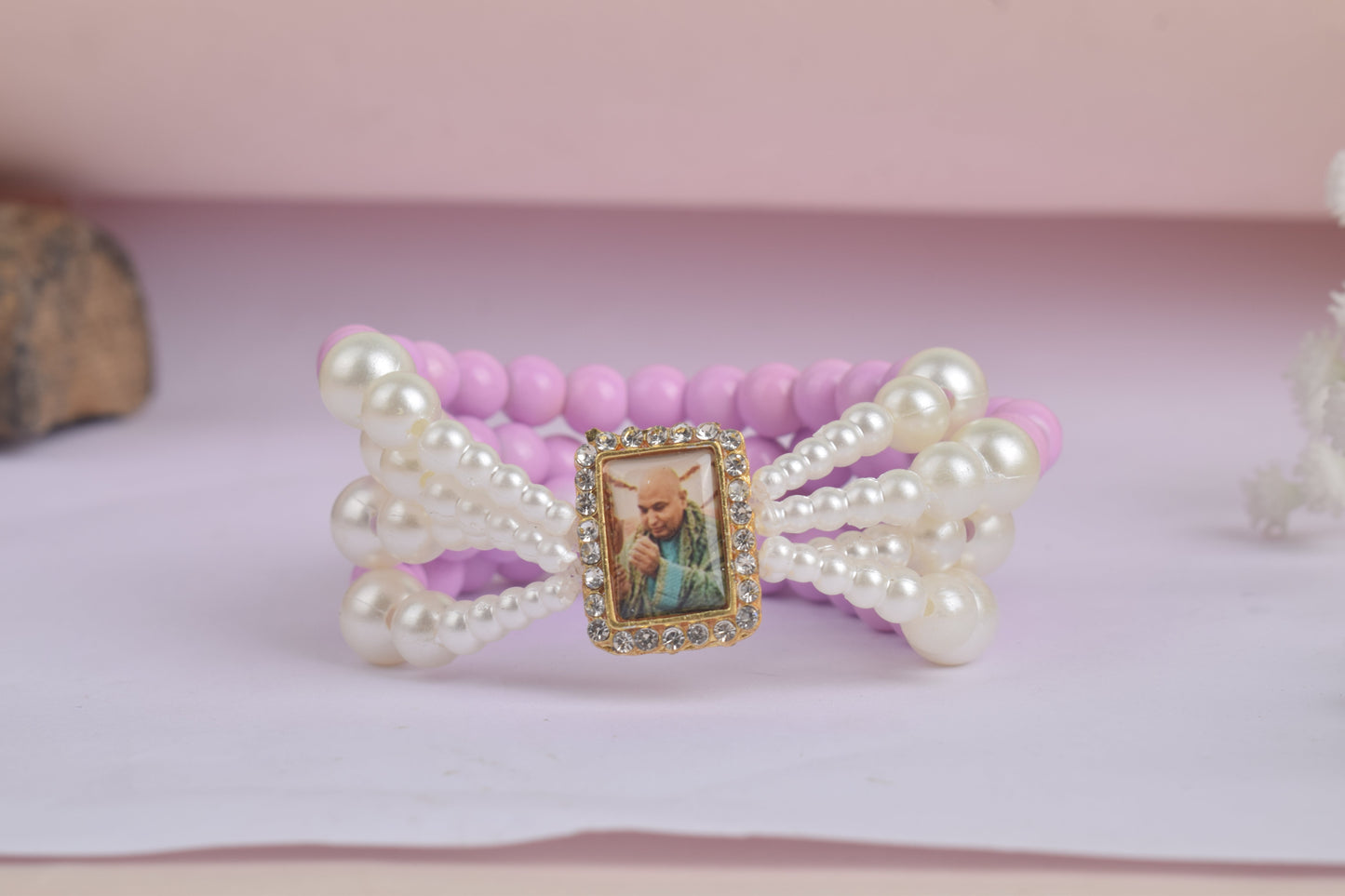 Blush Orchid with White Pearl Four Layer Guruji Swaroop Bracelet