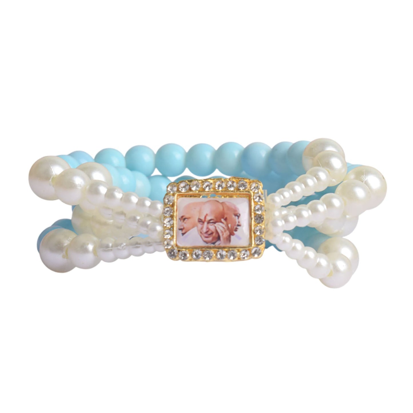 Baby Blue & White Pearl Four Layer Guruji Swaroop Bracelet