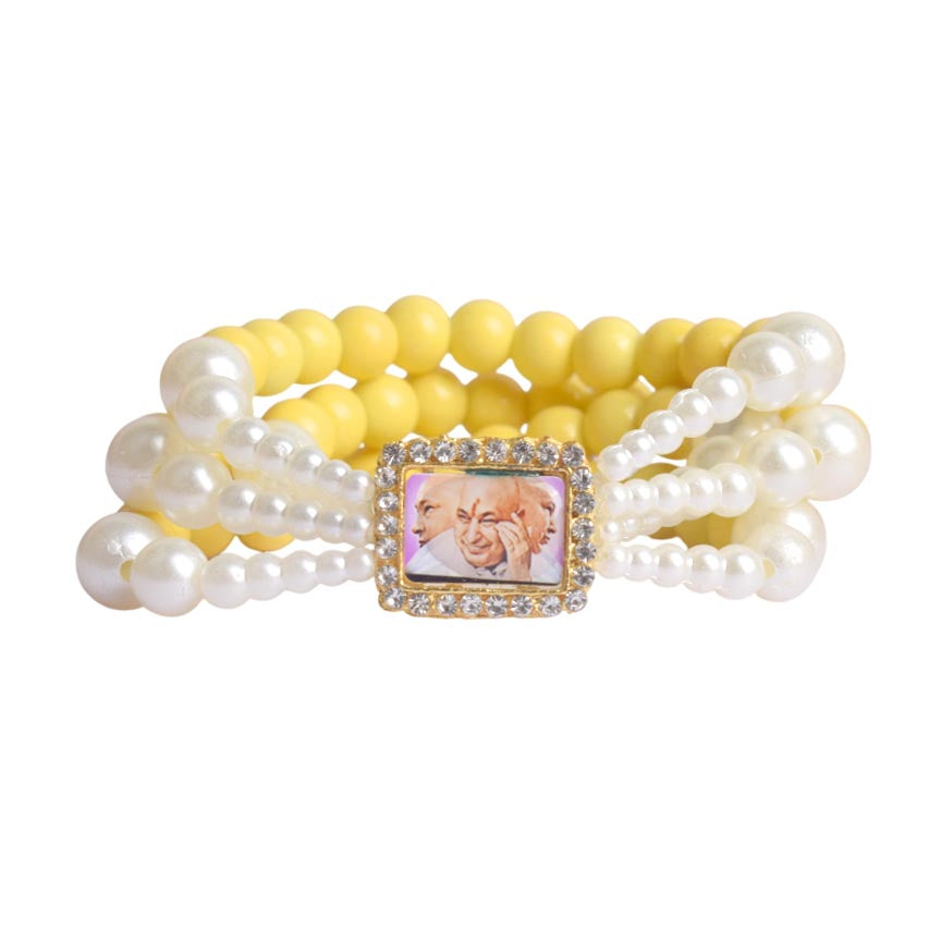 Pale Yellow with White Pearl Four Layer Guruji Swaroop Bracelet