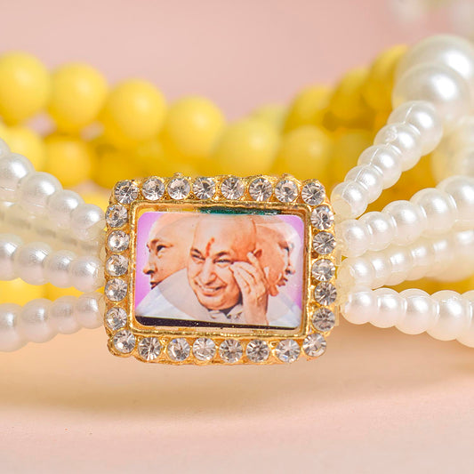Pale Yellow with White Pearl Four Layer Guruji Swaroop Bracelet