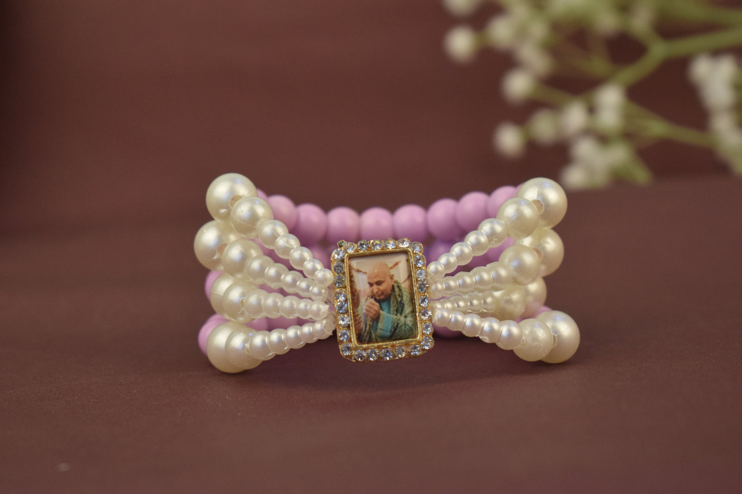 Blush Orchid with White Pearl Four Layer Guruji Swaroop Bracelet