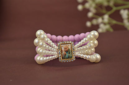 Blush Orchid with White Pearl Four Layer Guruji Swaroop Bracelet