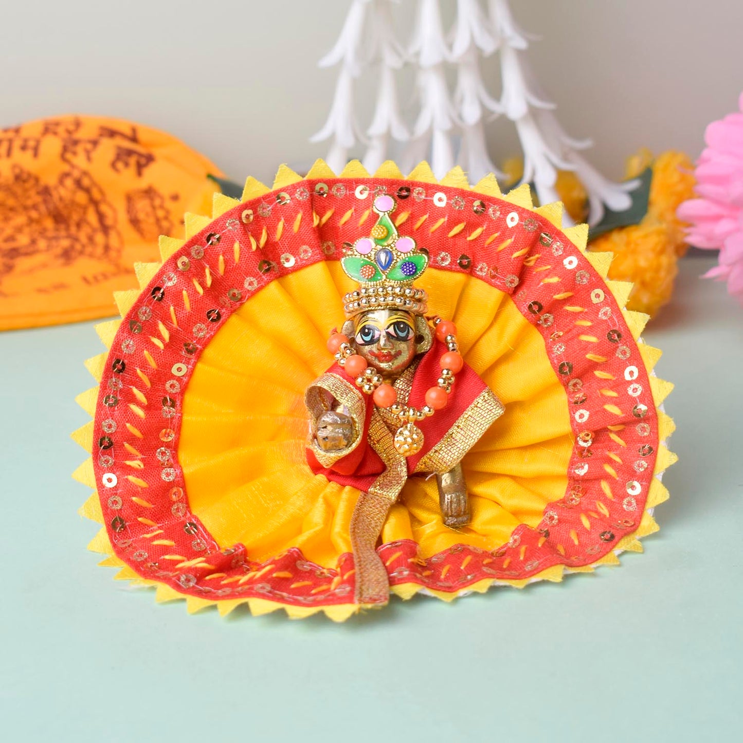 Radiant Yellow-Red Laddu Gopal Dress with Sequin Border