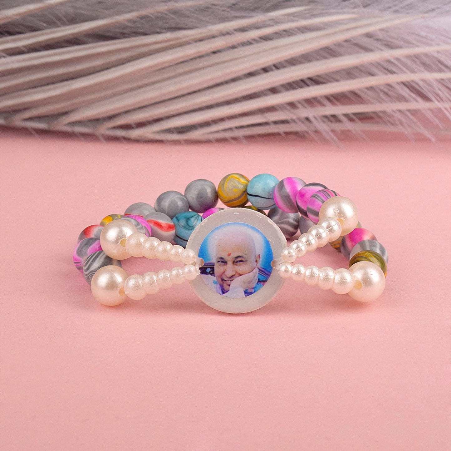 Crystal Multi-Color Beads Double Layer & White Pearl Bracelet with Jai Guruji Swaroop
