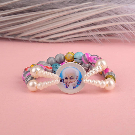Crystal Multi-Color Beads Double Layer & White Pearl Bracelet with Jai Guruji Swaroop