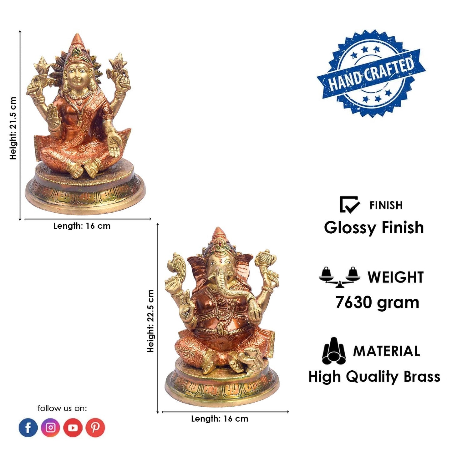 8.5 Inch Handcrafted Laxmi Ganesh Statue in Brass