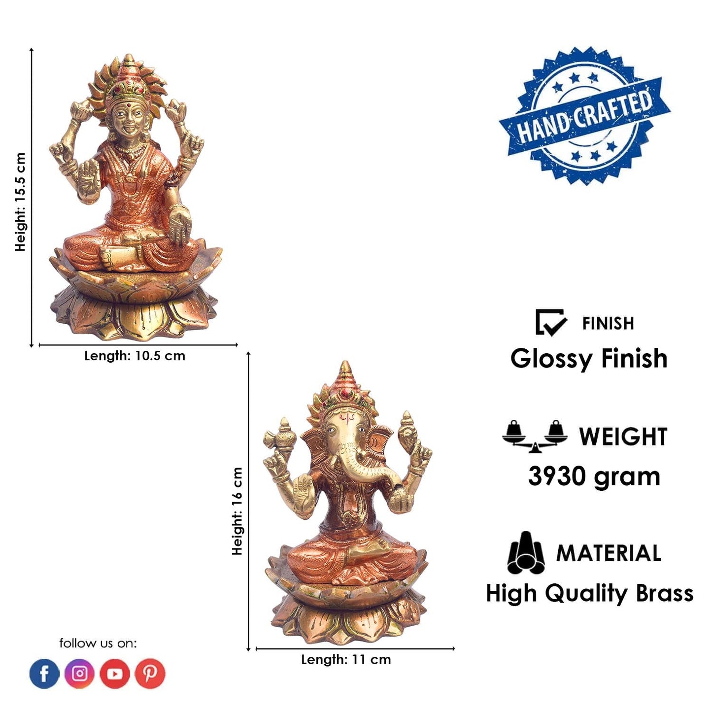6.1 Inch Sacred Brass Lakshmi Ganesh Idol for Home Temple