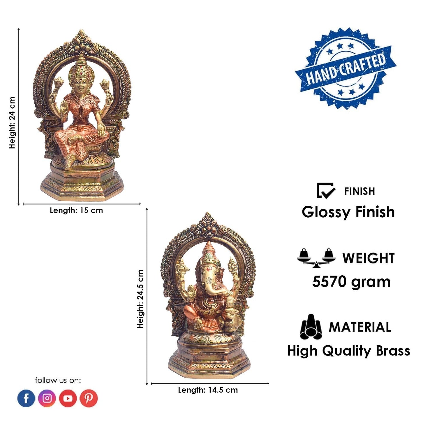 9.4 Inch Majestic Brass Lakshmi Ganesha Idol