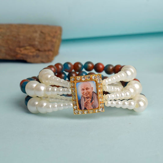 Red & Blue Marble with White Pearl Four Layer Guruji Swaroop Bracelet